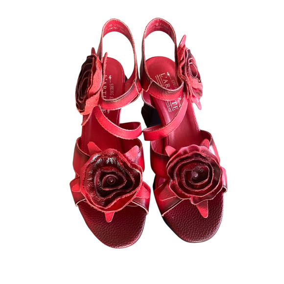 L'ARTISTE Shelly Size 40/US 9 Red Leather Flower Ankle Strap Heeled Sandals Shoe - Picture 2 of 11